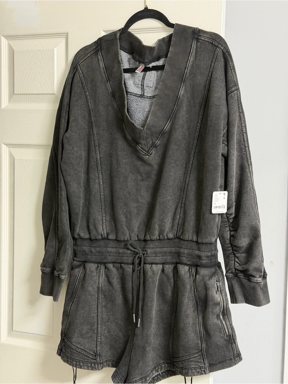 Washed Charcoal V-Neck Drawstring Sweatshirt Romper NWT - Picture 4 of 10